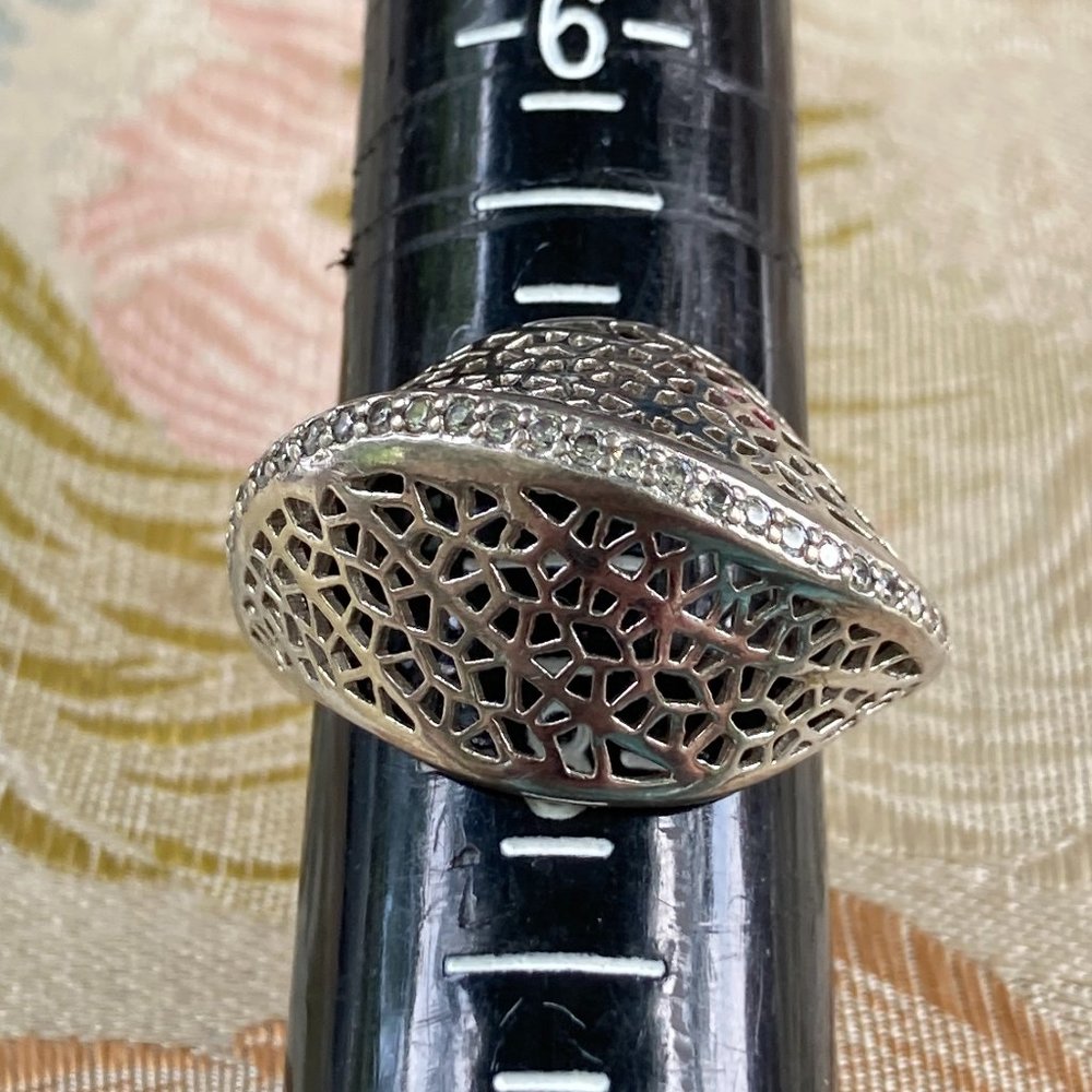 PJ filigreed and rhinestones sterling silver domed ring